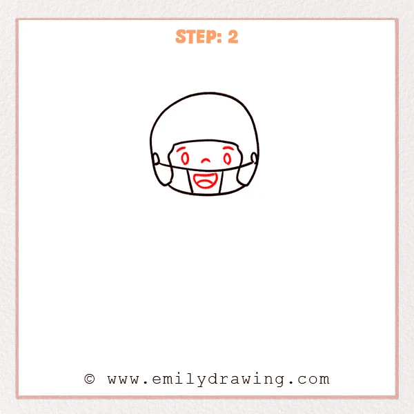 how to draw a football player - A football player helmet sketch with added cartoon facial features—oval eyes, small eyebrows, a tiny nose, and an open smiling mouth inside the helmet opening.